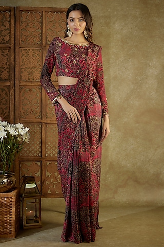 Pink Crepe Printed Pre-Stitched Saree Set by Mehak Murpana