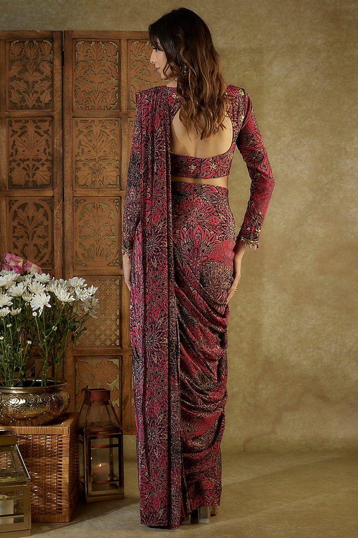 Pink Crepe Printed Pre-Stitched Party Wear Saree Set by Mehak Murpana at Pernia's Pop Up Shop