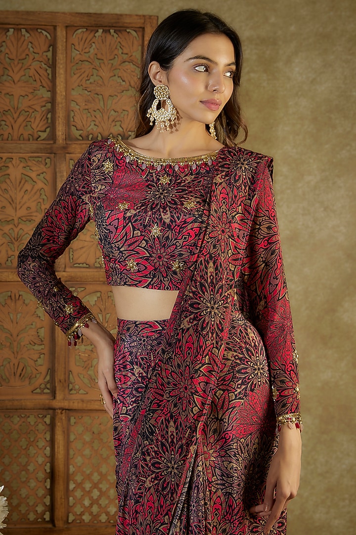 Pink Crepe Printed Pre-Stitched Party Wear Saree Set by Mehak Murpana at Pernia's Pop Up Shop