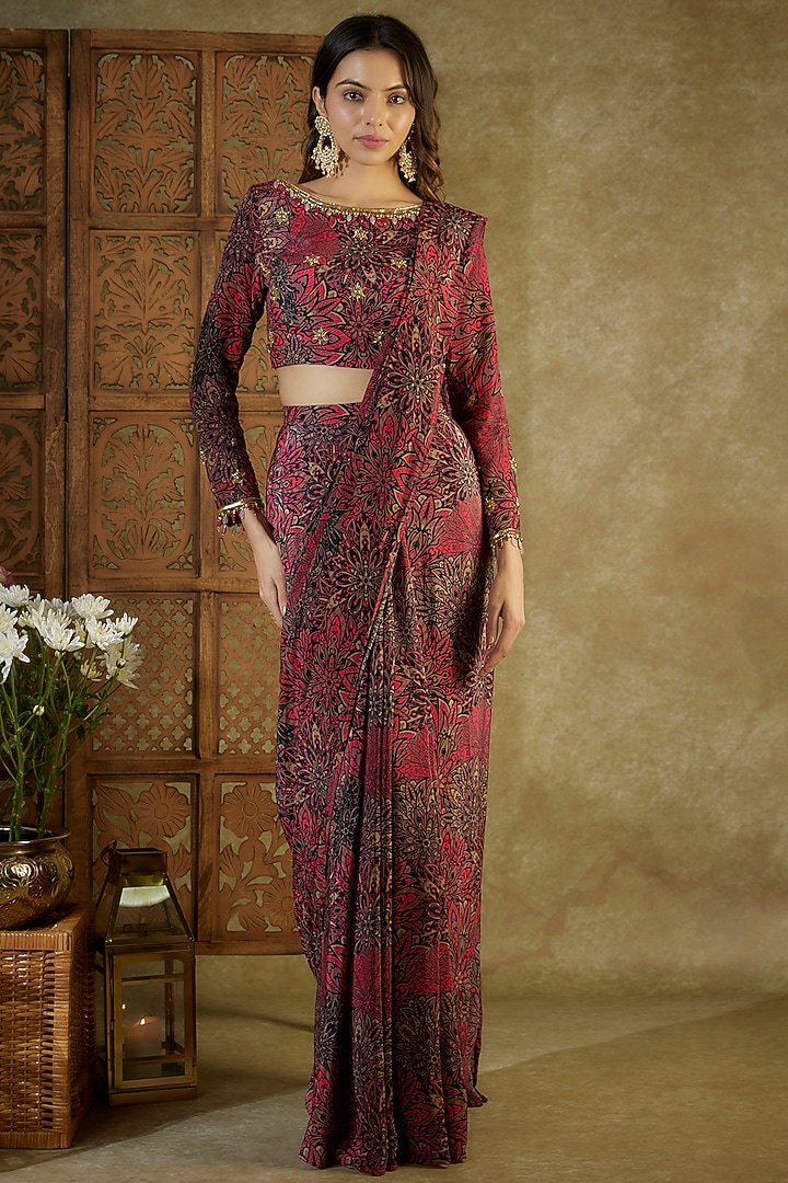 Pink Crepe Printed Pre-Stitched Party Wear Saree Set by Mehak Murpana at Pernia's Pop Up Shop