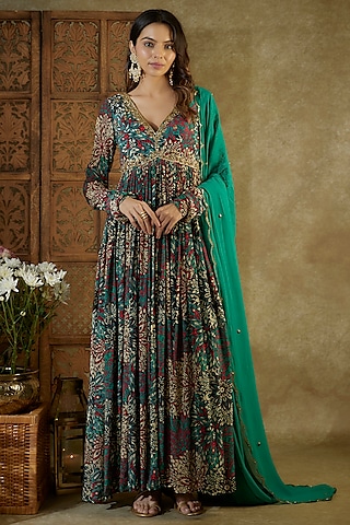 Green Crepe Printed & Embroidered Anarkali Set by Mehak Murpana
