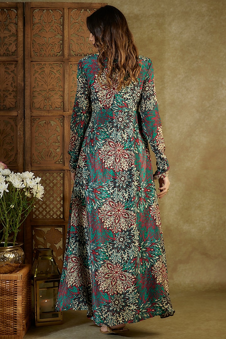 Green Crepe Printed & Embroidered Party Wear Anarkali Set by Mehak Murpana at Pernia's Pop Up Shop
