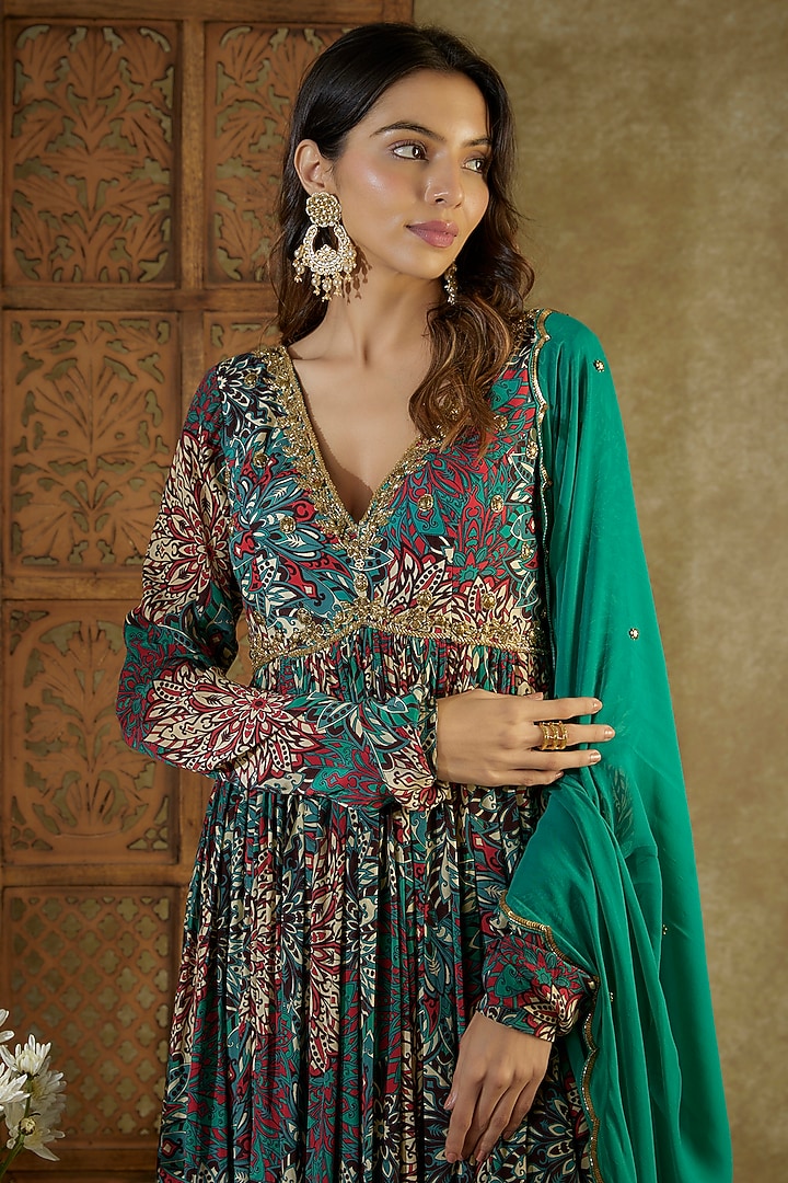 Green Crepe Printed & Embroidered Party Wear Anarkali Set by Mehak Murpana at Pernia's Pop Up Shop