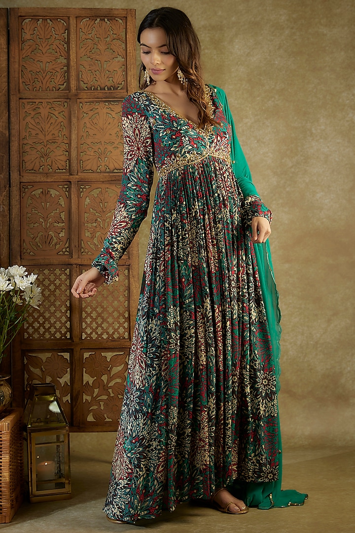Green Crepe Printed & Embroidered Party Wear Anarkali Set by Mehak Murpana at Pernia's Pop Up Shop
