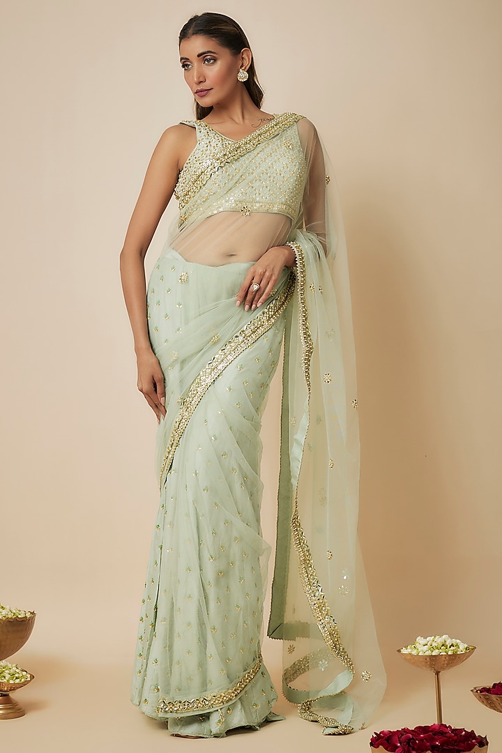Pista Green Dupion Crepe & Net Embroidered Sharara Reception Saree Set by Mehak Murpana at Pernia's Pop Up Shop