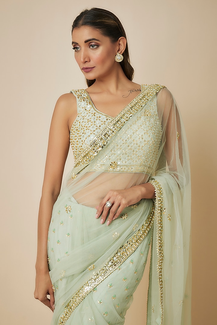 Pista Green Dupion Crepe & Net Embroidered Sharara Reception Saree Set by Mehak Murpana at Pernia's Pop Up Shop