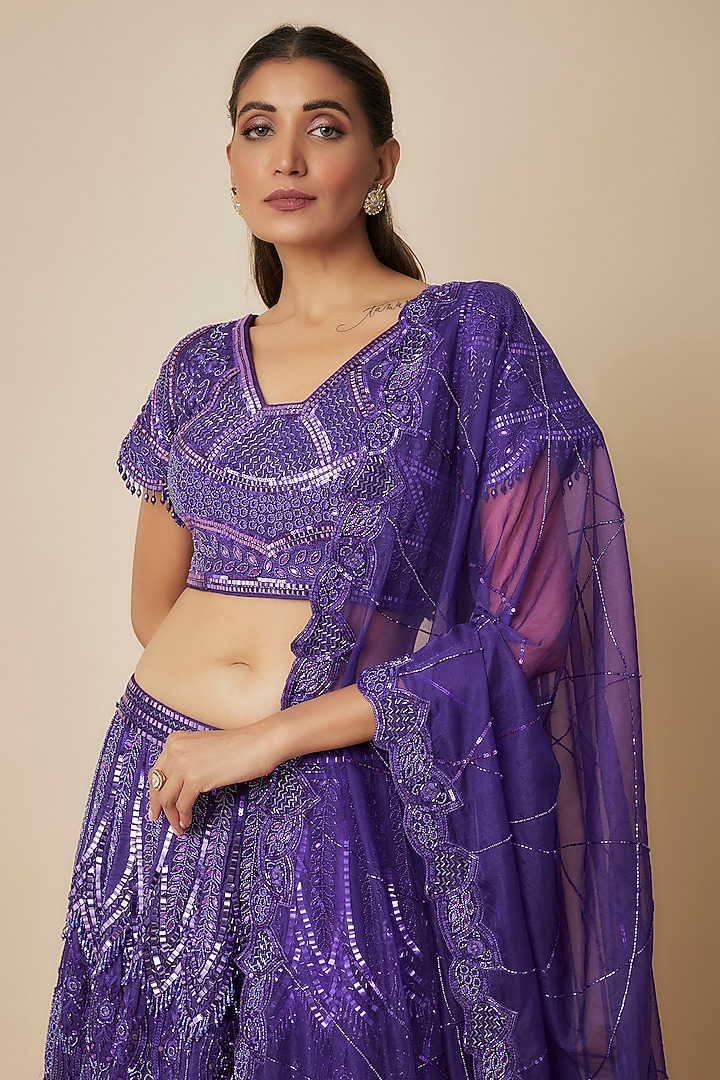 Purple Dupion Crepe Embroidered Bridal Lehenga Set by Mehak Murpana at Pernia's Pop Up Shop
