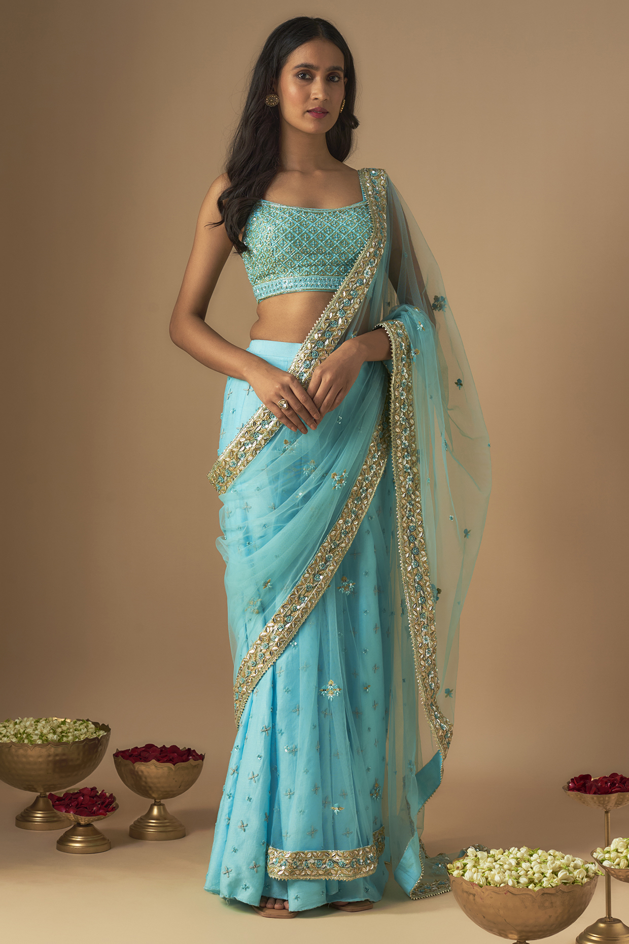 Sky Blue Dupion Crepe & Net Embroidered Sharara Reception Saree Set by Mehak Murpana at Pernia's Pop Up Shop