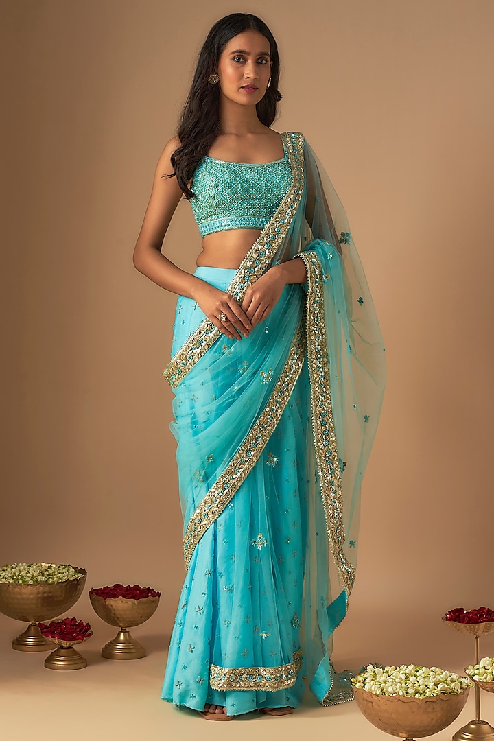 Sky Blue Dupion Crepe & Net Embroidered Sharara Reception Saree Set by Mehak Murpana at Pernia's Pop Up Shop