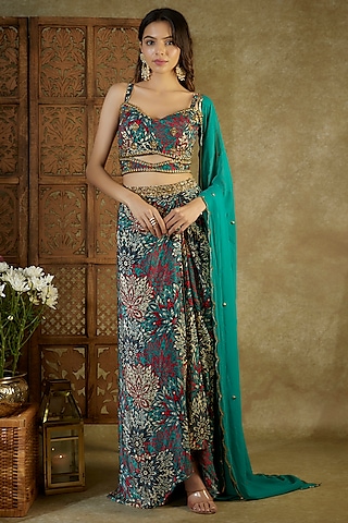 Green Crepe Printed & Embroidered Skirt Set by Mehak Murpana