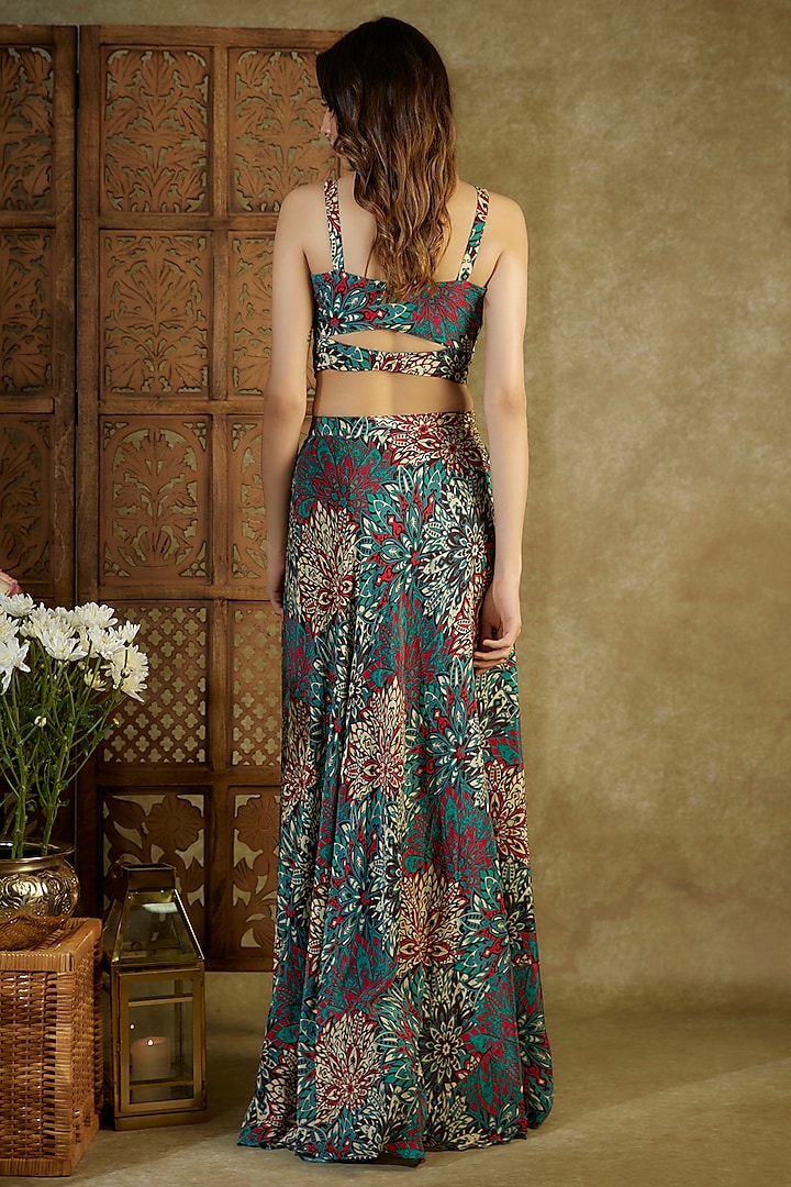 Green Crepe Printed & Embroidered Skirt Set by Mehak Murpana at Pernia's Pop Up Shop
