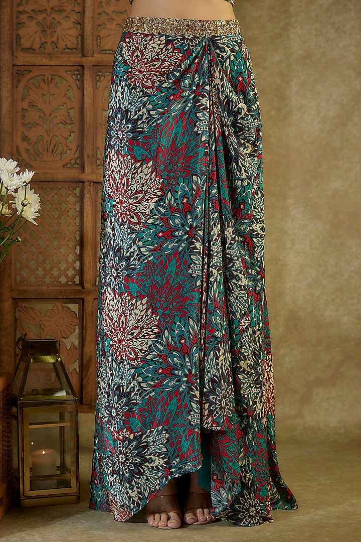 Green Crepe Printed & Embroidered Skirt Set by Mehak Murpana at Pernia's Pop Up Shop