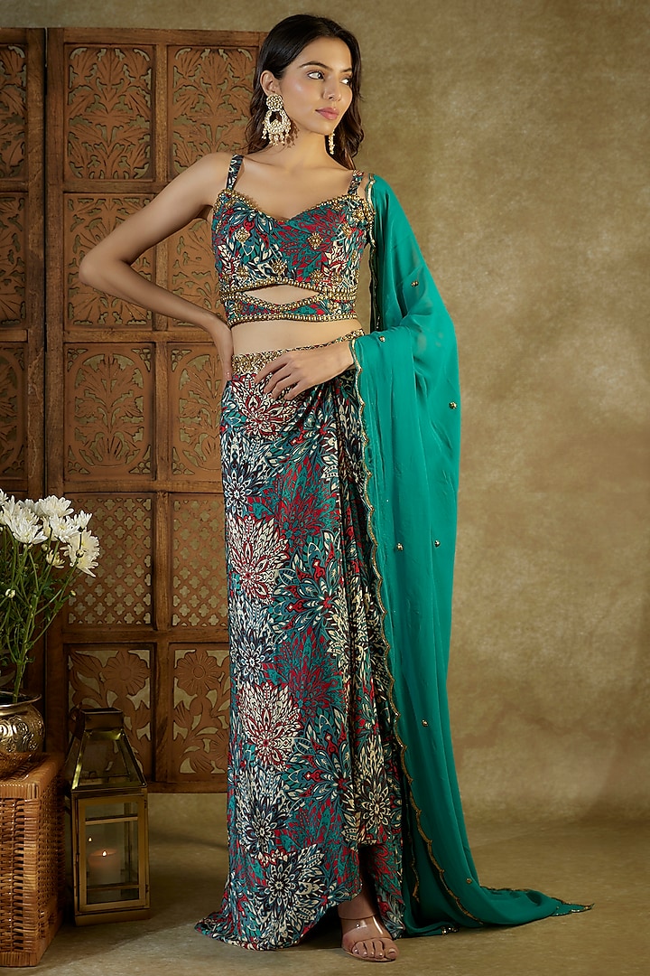 Green Crepe Printed & Embroidered Skirt Set by Mehak Murpana at Pernia's Pop Up Shop