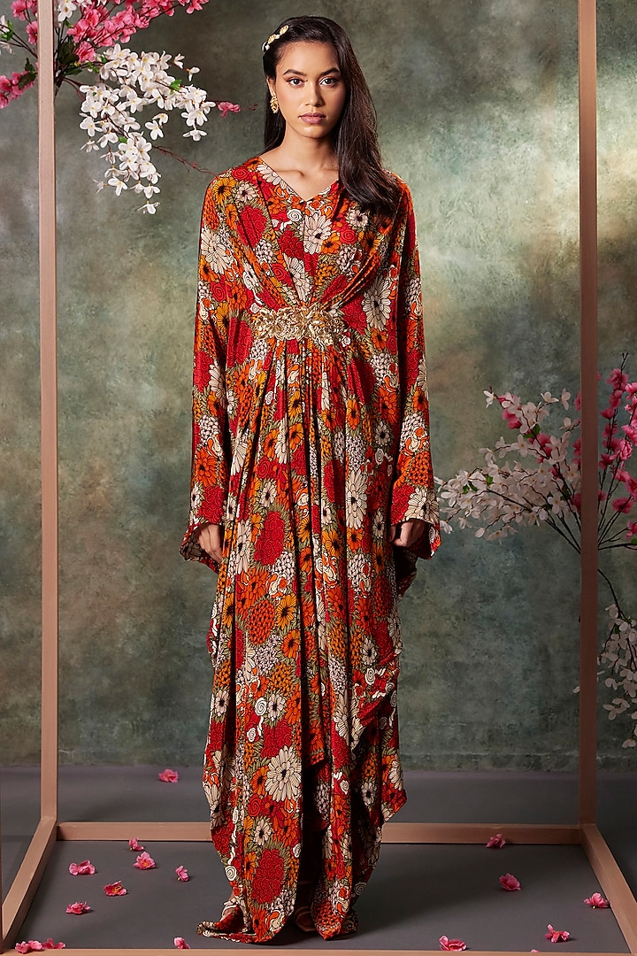 Orange Crepe Printed & Embroidered Kaftan by Mehak Murpana at Pernia's Pop Up Shop