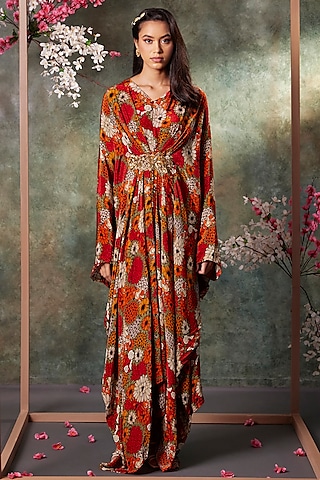 Orange Crepe Printed & Embroidered Kaftan by Mehak Murpana