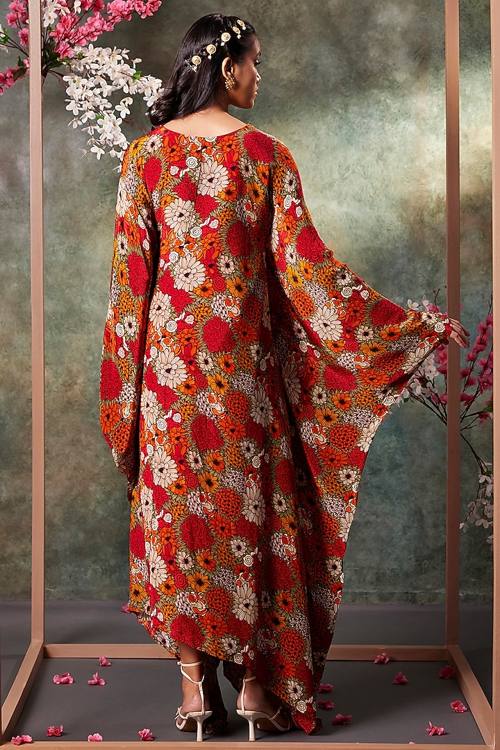 Orange Crepe Printed & Embroidered Kaftan by Mehak Murpana at Pernia's Pop Up Shop