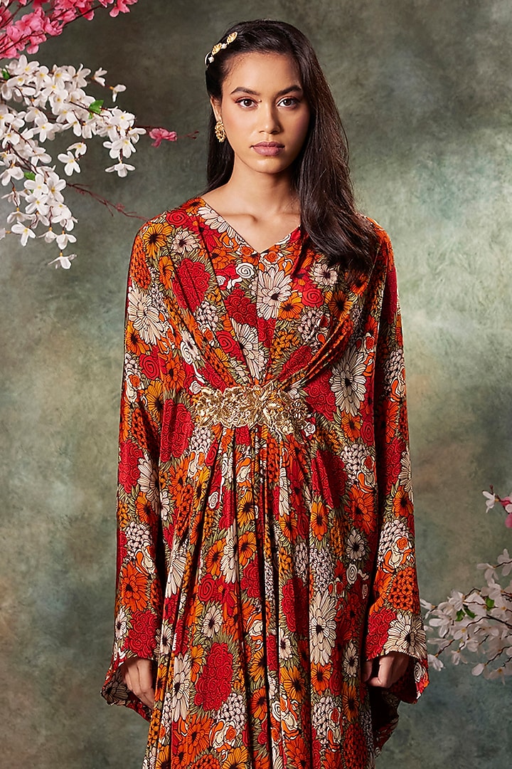 Orange Crepe Printed & Embroidered Kaftan by Mehak Murpana at Pernia's Pop Up Shop