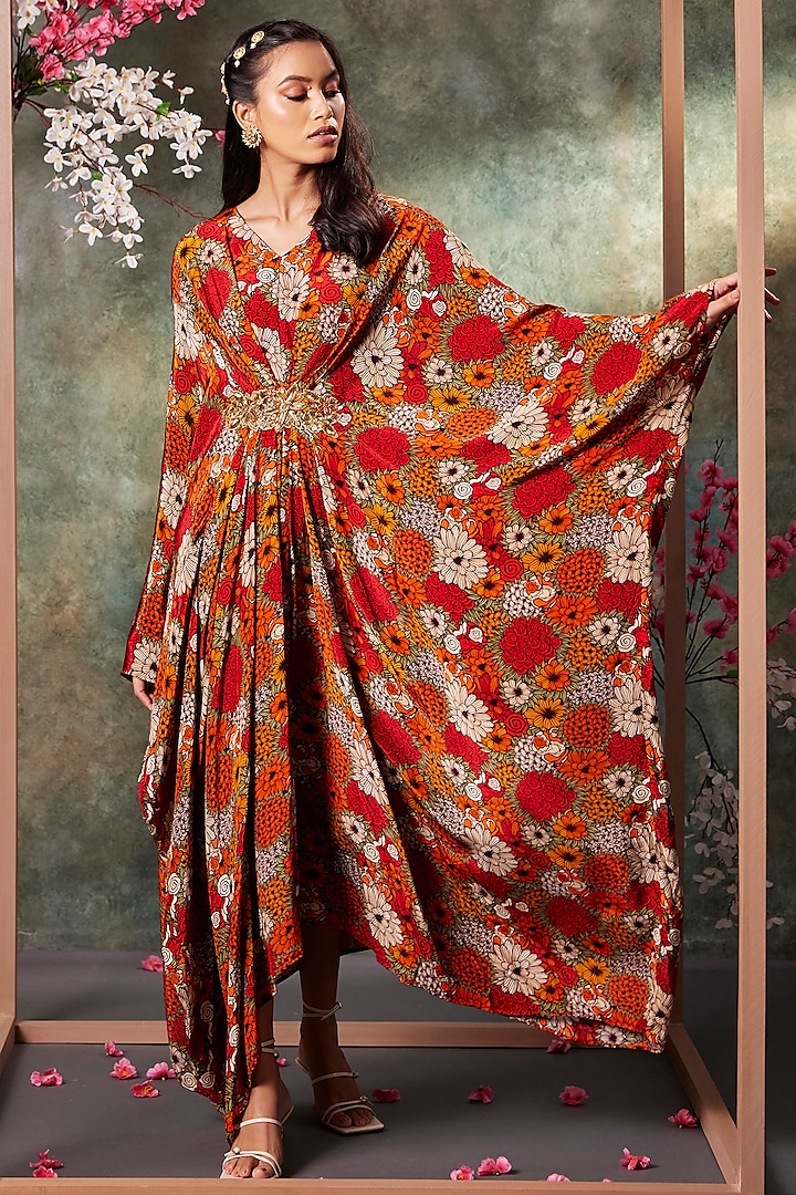 Orange Crepe Printed & Embroidered Kaftan by Mehak Murpana at Pernia's Pop Up Shop
