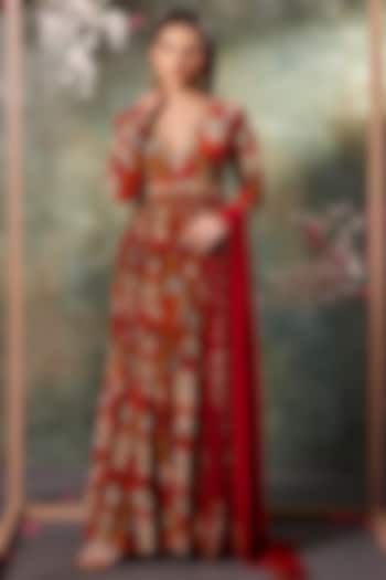 Orange Crepe Printed & Floral Embroidered Party Wear Anarkali With Dupatta by Mehak Murpana at Pernia's Pop Up Shop