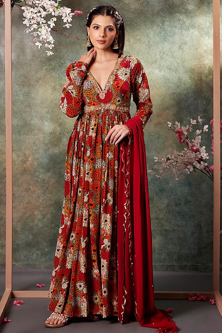 Orange Crepe Printed & Floral Embroidered Party Wear Anarkali With Dupatta by Mehak Murpana at Pernia's Pop Up Shop