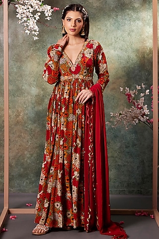 Orange Crepe Printed & Floral Embroidered Anarkali With Dupatta by Mehak Murpana