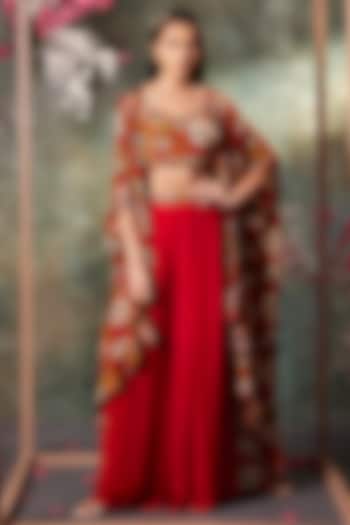 Orange Crepe & Georgette Floral Printed Jacket Set by Mehak Murpana at Pernia's Pop Up Shop