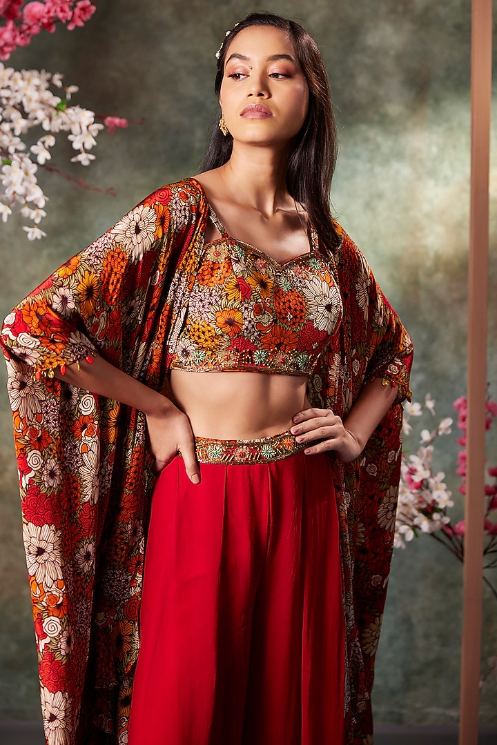 Orange Crepe & Georgette Floral Printed Jacket Set by Mehak Murpana at Pernia's Pop Up Shop