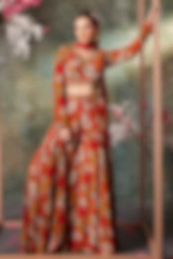 Orange Crepe & Georgette Floral Printed Pant Set by Mehak Murpana at Pernia's Pop Up Shop