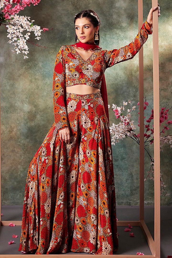 Orange Crepe & Georgette Floral Printed Pant Set by Mehak Murpana at Pernia's Pop Up Shop