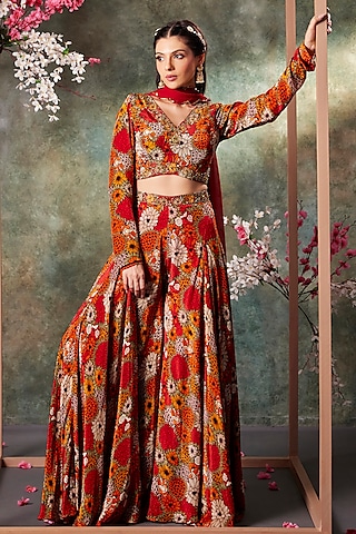 Orange Crepe & Georgette Floral Printed Pant Set by Mehak Murpana