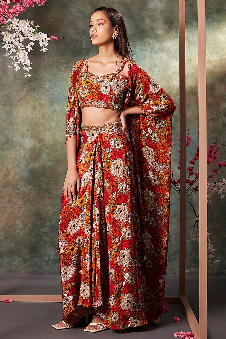 Orange & Red Crepe Floral Printed Draped Skirt Set by Mehak Murpana at Pernia's Pop Up Shop