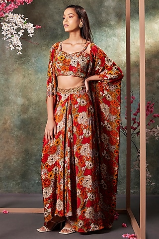 Orange & Red Crepe Floral Printed Draped Skirt Set by Mehak Murpana