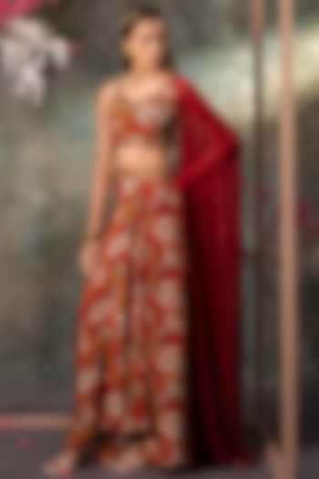 Orange & Red Crepe Floral Printed Draped Skirt Set by Mehak Murpana at Pernia's Pop Up Shop