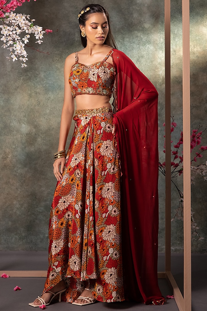 Orange & Red Crepe Floral Printed Draped Skirt Set by Mehak Murpana at Pernia's Pop Up Shop