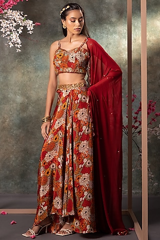Orange & Red Crepe Floral Printed Draped Skirt Set by Mehak Murpana
