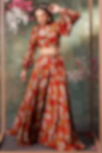 Orange & Red Crepe Floral Printed Flared Pant Set by Mehak Murpana at Pernia's Pop Up Shop