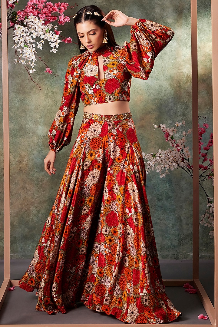 Orange & Red Crepe Floral Printed Flared Pant Set by Mehak Murpana at Pernia's Pop Up Shop