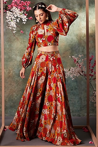 Orange & Red Crepe Floral Printed Flared Pant Set by Mehak Murpana