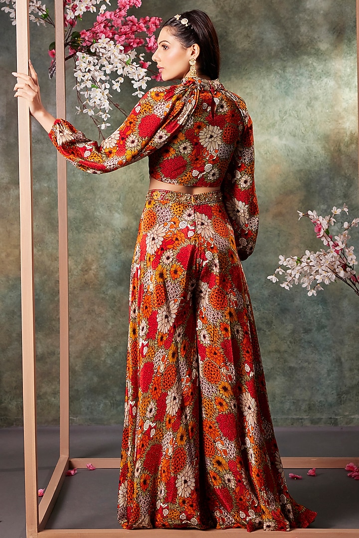 Orange & Red Crepe Floral Printed Flared Pant Set by Mehak Murpana at Pernia's Pop Up Shop