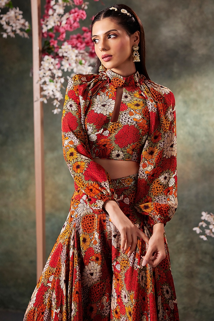 Orange & Red Crepe Floral Printed Flared Pant Set by Mehak Murpana at Pernia's Pop Up Shop