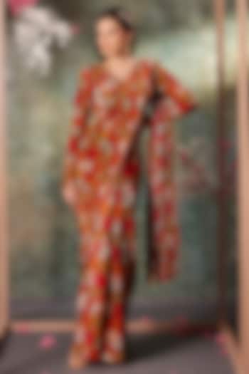 Orange & Red Crepe Floral Printed Pre-Draped Pleated Wedding Saree Set by Mehak Murpana at Pernia's Pop Up Shop