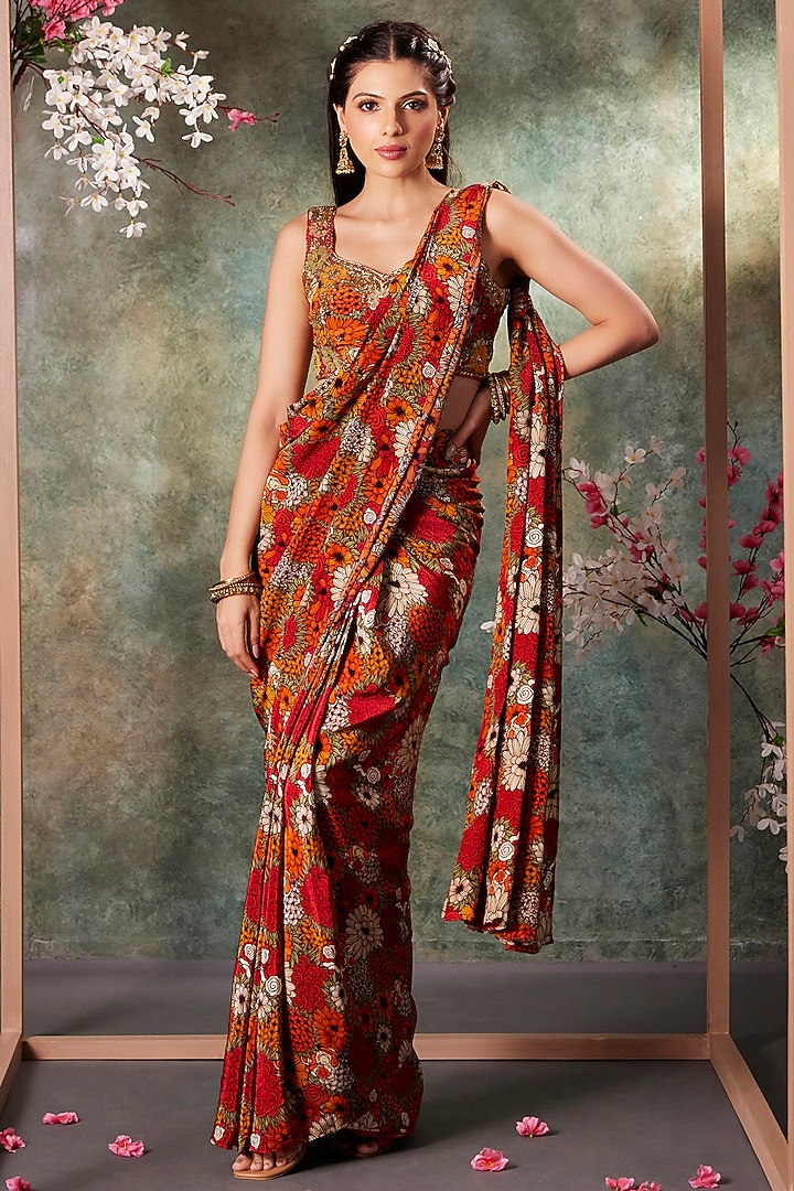 Orange & Red Crepe Floral Printed Pre-Draped Pleated Wedding Saree Set by Mehak Murpana at Pernia's Pop Up Shop