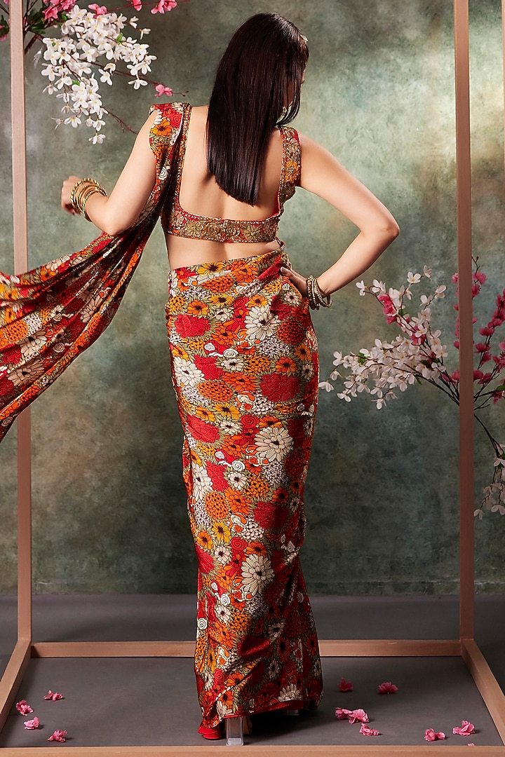Orange & Red Crepe Floral Printed Pre-Draped Pleated Wedding Saree Set by Mehak Murpana at Pernia's Pop Up Shop