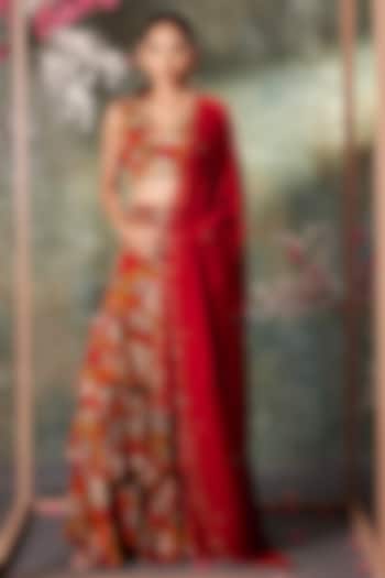 Orange & Red Crepe Floral Printed Layered Ruffled Skirt Set by Mehak Murpana at Pernia's Pop Up Shop
