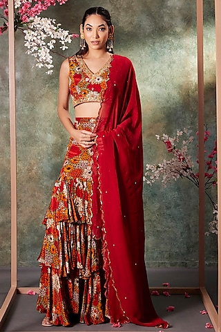 Orange & Red Crepe Floral Printed Layered Ruffled Skirt Set by Mehak Murpana