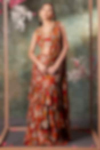 Orange & Red Crepe Floral Printed Pre-Draped Ruffled Wedding Saree Set by Mehak Murpana at Pernia's Pop Up Shop