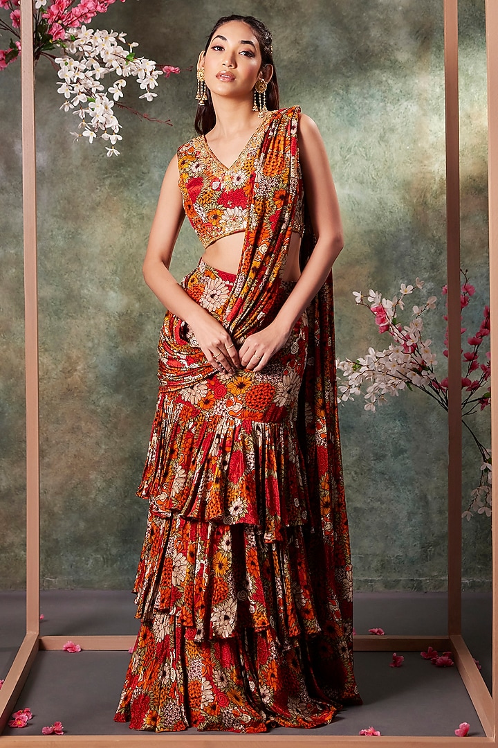 Orange & Red Crepe Floral Printed Pre-Draped Ruffled Wedding Saree Set by Mehak Murpana at Pernia's Pop Up Shop
