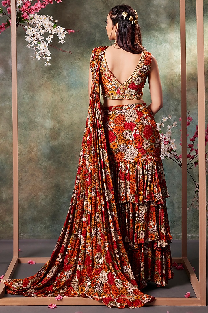 Orange & Red Crepe Floral Printed Pre-Draped Ruffled Wedding Saree Set by Mehak Murpana at Pernia's Pop Up Shop