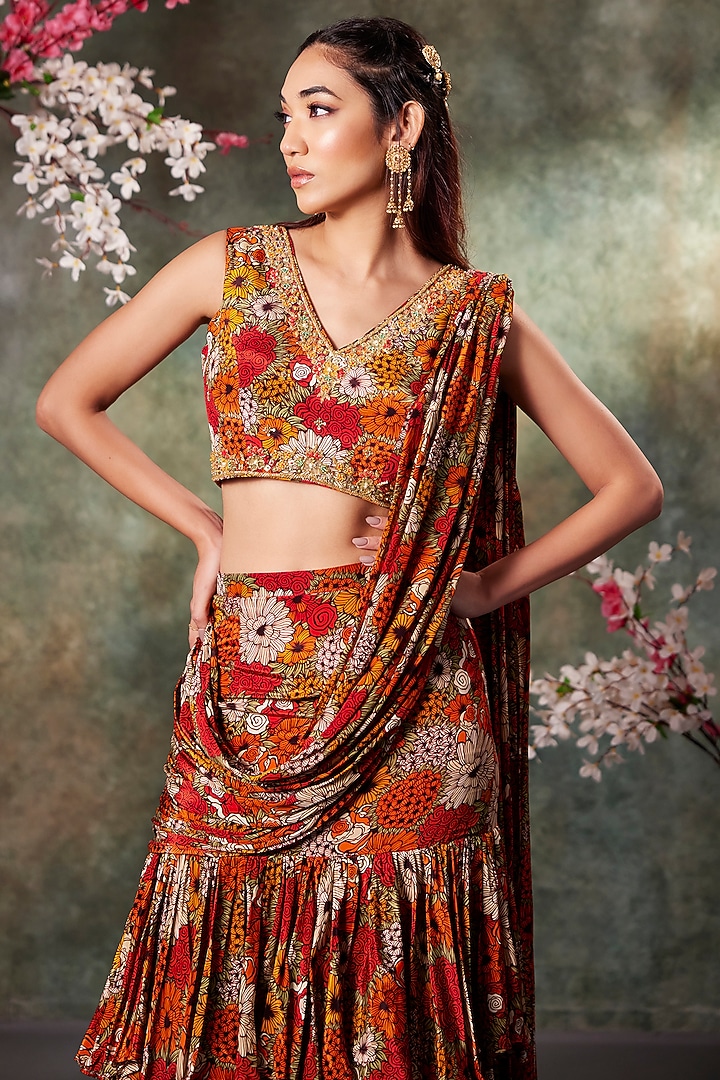 Orange & Red Crepe Floral Printed Pre-Draped Ruffled Wedding Saree Set by Mehak Murpana at Pernia's Pop Up Shop