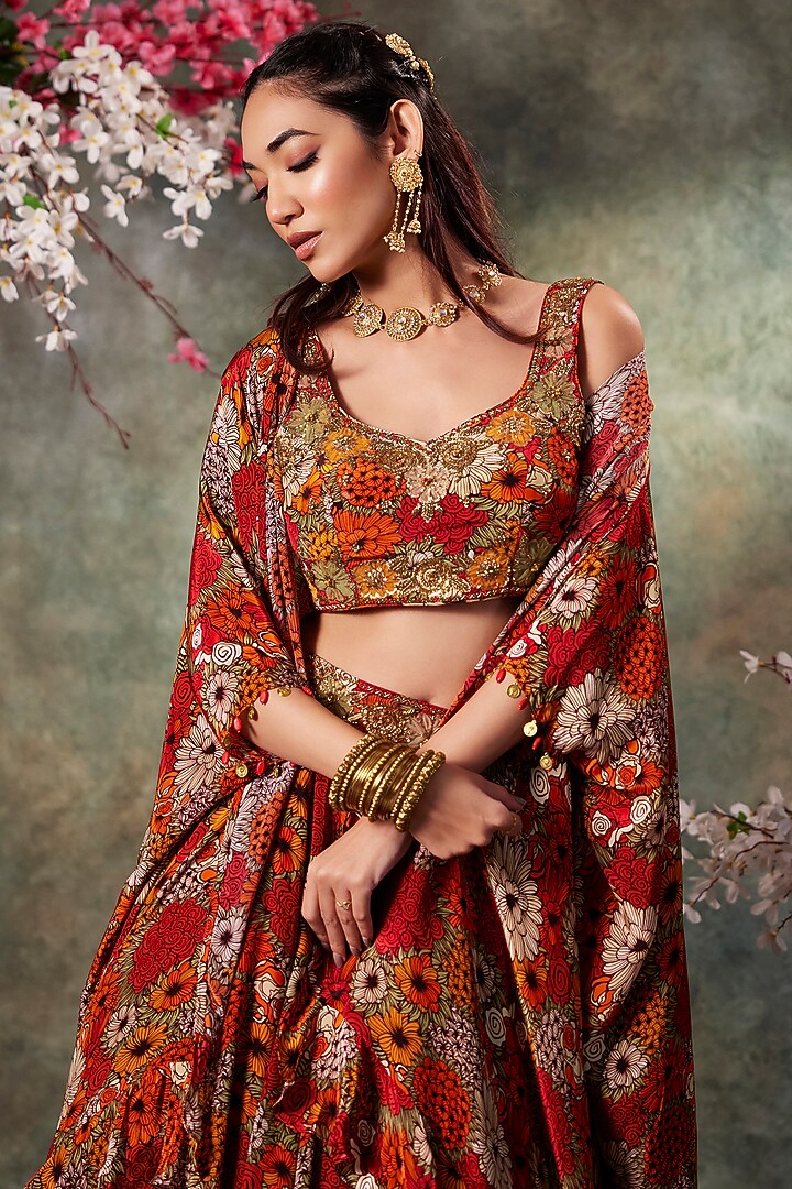 Orange Crepe Floral Printed Jacket Wedding Lehenga Set by Mehak Murpana at Pernia's Pop Up Shop